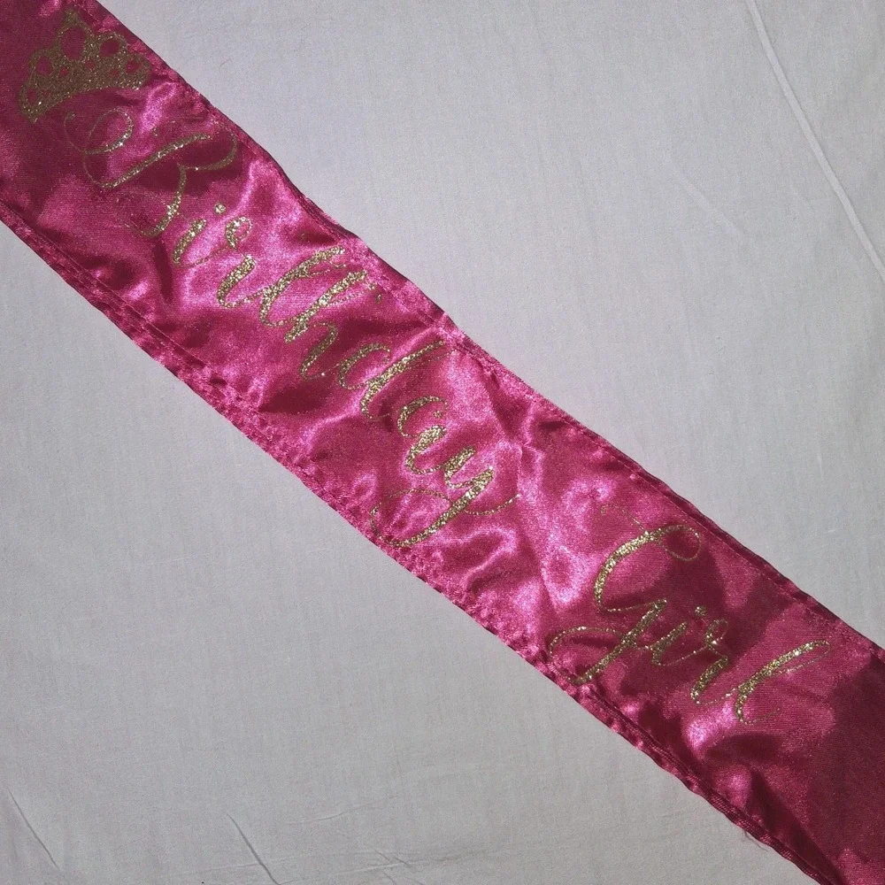 Hot Pink Satin Birthday Girl Sash Gold Glitter Script Crown Party‎ Accessory